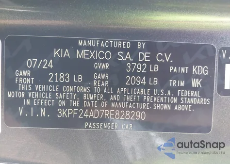 2024 Kia Forte Lxs z USA, uszkodzony, nr VIN 3KPF24AD7RE828290